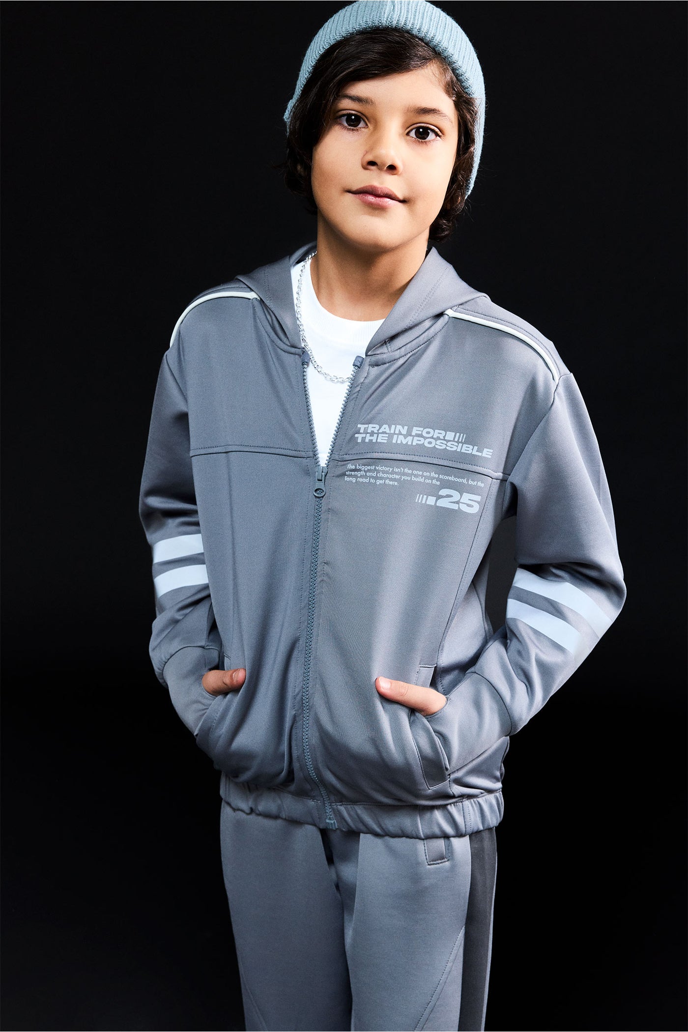 Grey Boy Boy Oversize Fit Hooded Slogan Zip-Up Hoodie Casual